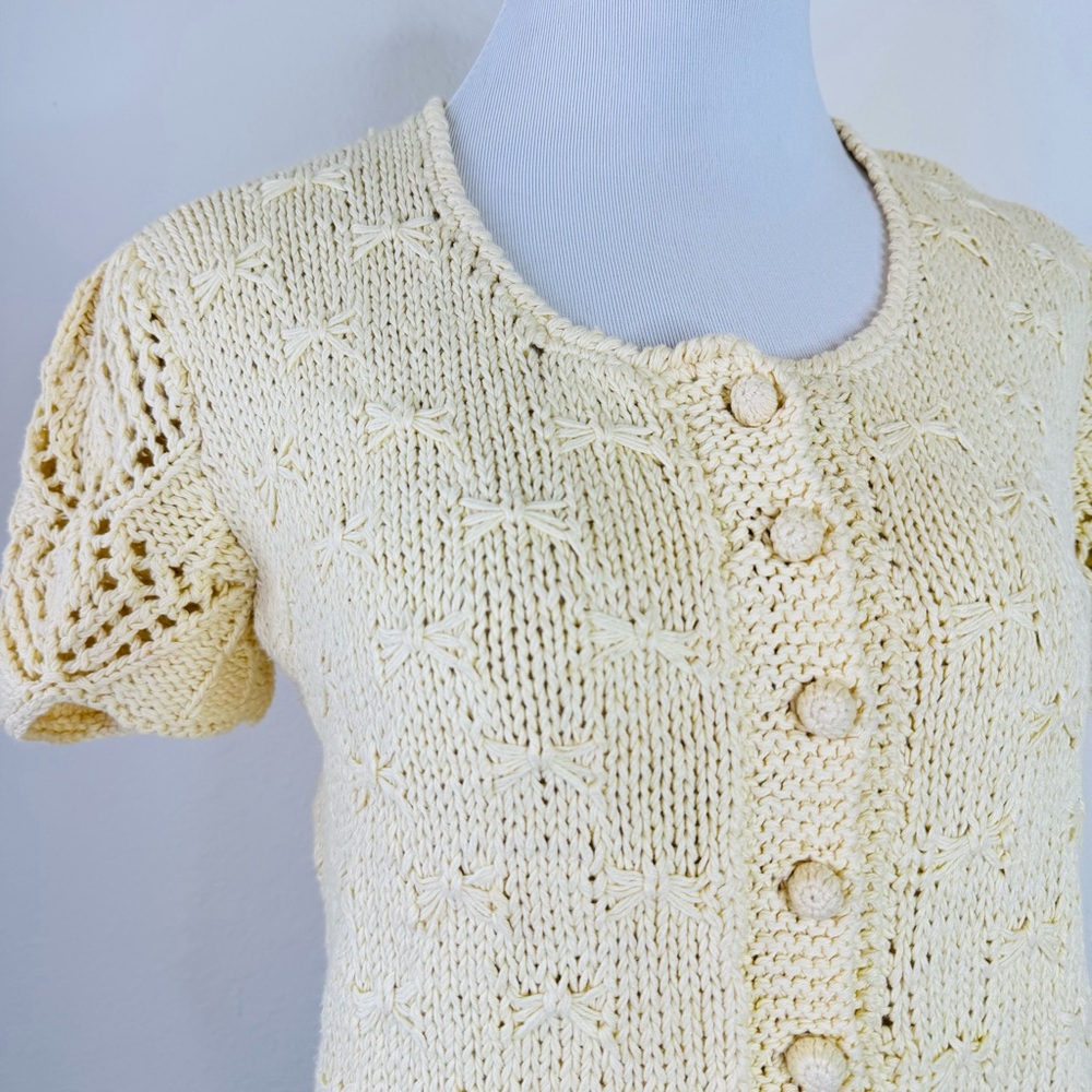 French Countryside Charm Butter Yellow Knit Cardigan Sweater Bows Vintage - Picture 13 of 13